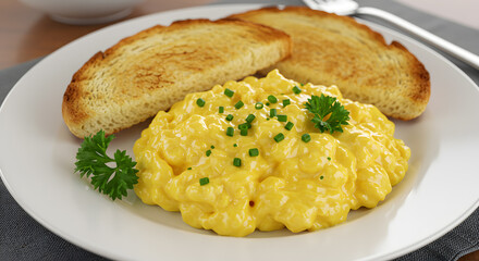 Creamy Scrambled Eggs with Toast and Fresh Herb Garnish