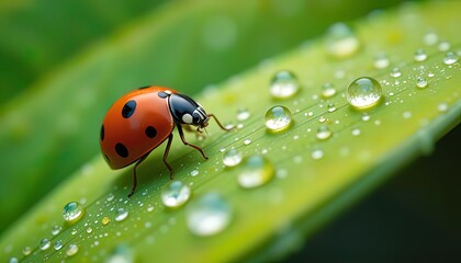 Obraz premium Ladybug in a Dewy Spiral