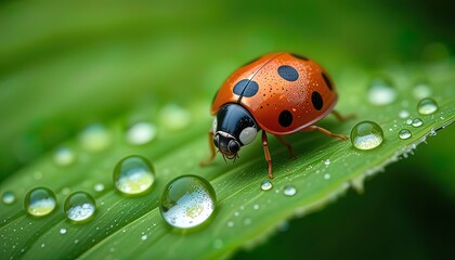 Obraz premium Ladybug in a Dewy Spiral