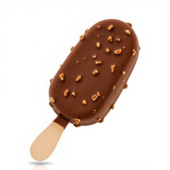 Fototapeta premium A chocolate covered ice cream bar with nuts on a wooden stick on white background