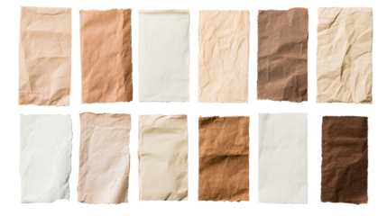 Vintage parchment paper pieces with rough edges and textures, cut out transparent