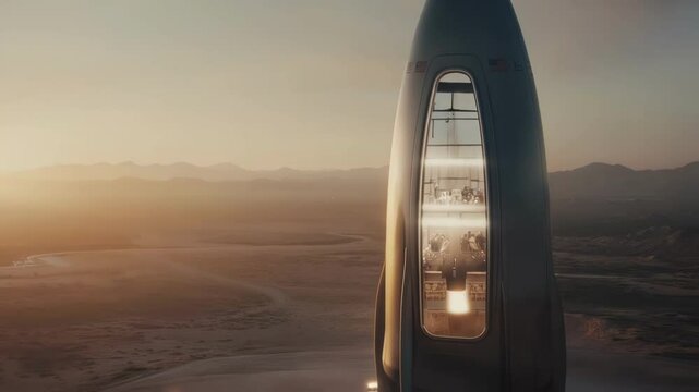Futuristic spaceship standing on a martian launchpad, preparing for takeoff at sunset, revealing its complex internal machinery through a large window