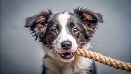 Fototapeta premium Adorable Border Collie Puppy Playfully Tugging a Rope A Candid Black and White Snapshot of Unbridled Energy and