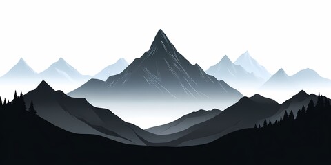 Minimalistic Mountain Range Illustration: Serene Black and White Landscape Design with Silhouetted Peaks