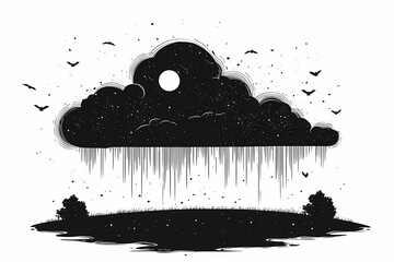 Monochrome Digital Illustration: Black and White Stormy Night with Moon and Clouds