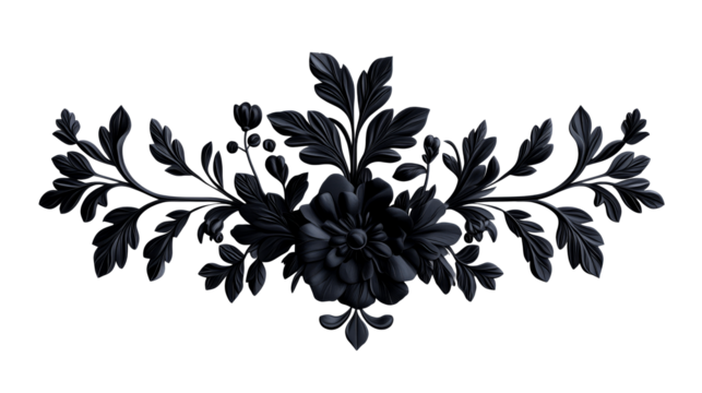Black Floral Ornament with Intricate Leaf Details, cut out transparent - Powered by Adobe
