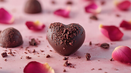 A heart-shaped chocolate covered with chocolate chips sits on a pink background