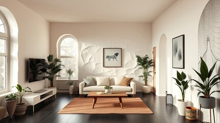 A modern and stylish living room interior with natural sunlight