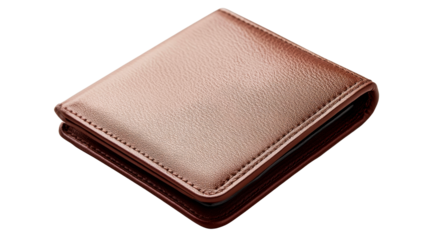 Leather brown wallet close-up on black background, cut out transparent