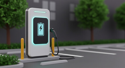 A sleek electric vehicle charging station stands ready in a modern parking lot, promising a sustainable future with its clean design and vibrant energy symbol.