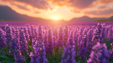 Obraz premium Vibrant lavender field at sunset.