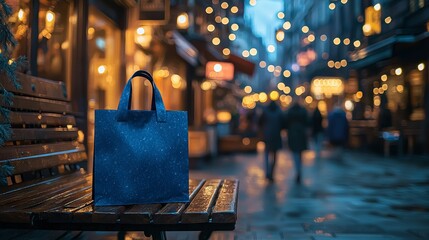 Blue Shopping Bag on a Bench with Twinkling Lights in Background