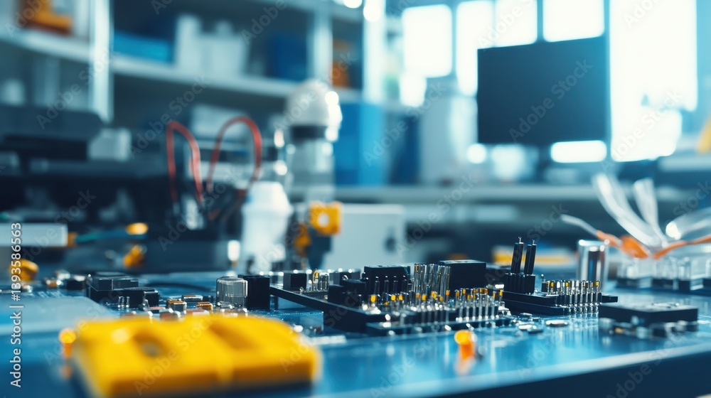 Poster close-up of stepper motor wiring and driver circuit on lab bench with labeled terminals