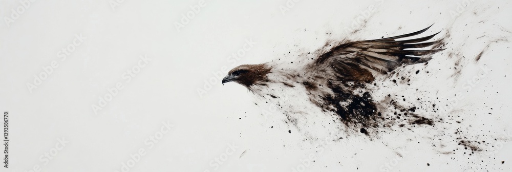 Poster hawk performs a dramatic dive through the air with flowing feathers against a stark white background