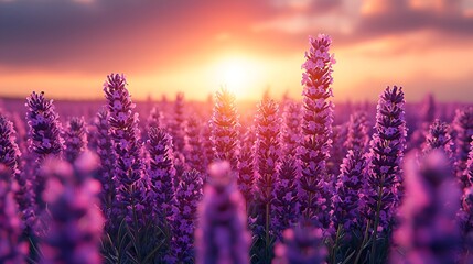Naklejka premium Sunset over a vibrant lavender field.