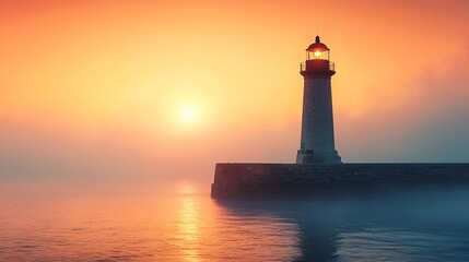 Luminous lighthouse on foggy coast at sunset.