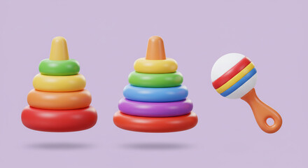Playful rainbow stacking rings and a cheerful rattle, promising joyful playtime for toddlers, against a soft lilac backdrop.