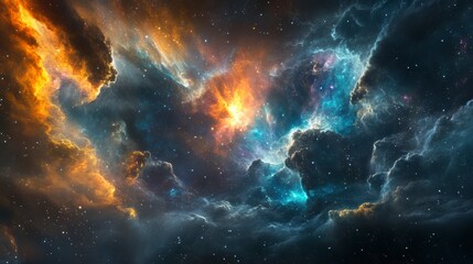 Fototapeta premium Vibrant nebula with orange, blue, and grey clouds of gas and dust in deep space.
