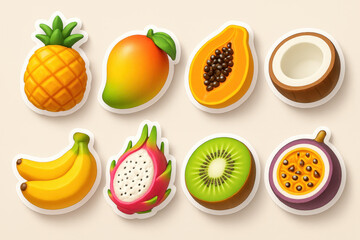 Vibrant 3d tropical fruit icon set: pineapple, mango, papaya, coconut & more