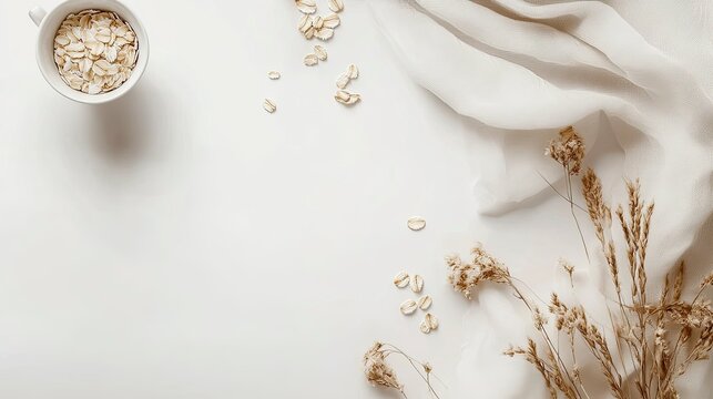 Oatmeal on a wide white background with a cozy setting  