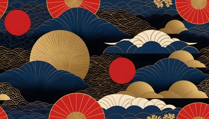 Japanese Art Background, Gold Red And Blue Black Brush Strokes, Intricate Floral And Geometric Patterns. Elegant Subtle Texture, A Harmonious Blend Of Colors And Artistry.