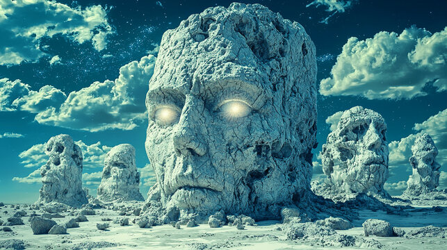 Ancient, weathered heads in a desolate, starry landscape