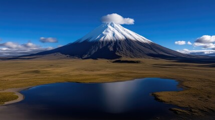 Majestic volcano, reflecting lake, serene landscape