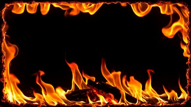 Fiery Frame: A Dramatic Burning Border  Against a Black Background. Perfect for Design Projects