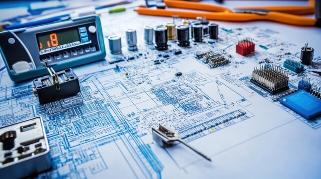 Electronic circuit board with components, multimeter, and soldering tools neatly arranged on an engineering workbench