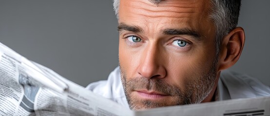 A contemplative man with striking blue eyes reads a newspaper, showcasing a thoughtful expression against a neutral background.