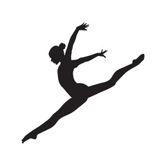 A graceful gymnast leaps, embodying athleticism and artistry in a powerful, dynamic silhouette against a stark white background.