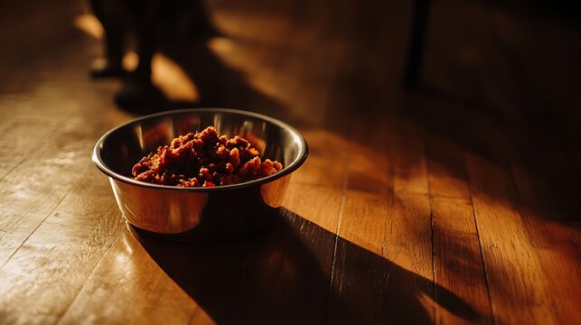 A metal bowl filled with pet food casting warm shadows on a wooden floor, illuminated by soft lighting creating a cozy atmosphere