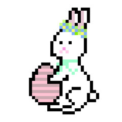 Pixel bunny icon. Easter rabbit character. Cute retro game art. Pastel holiday theme.