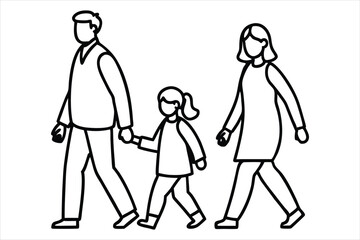 Minimalist family line art of father, mother, and child walking