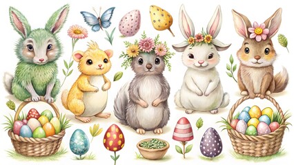 Easter Bunnies and Eggs Illustration