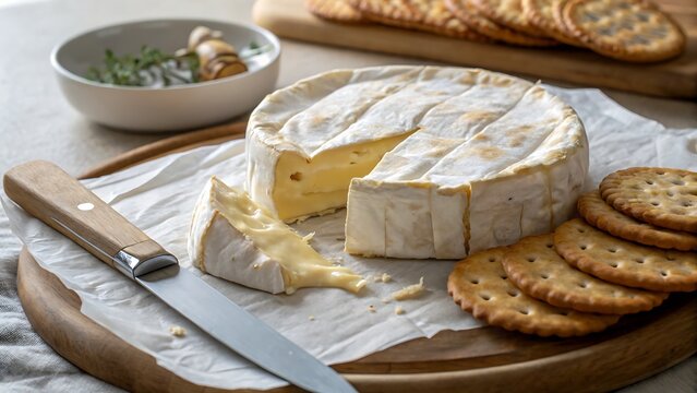 A wheel of brie cheese with a slice cut out served with crackers on a wooden board and a cheese knife - Powered by Adobe
