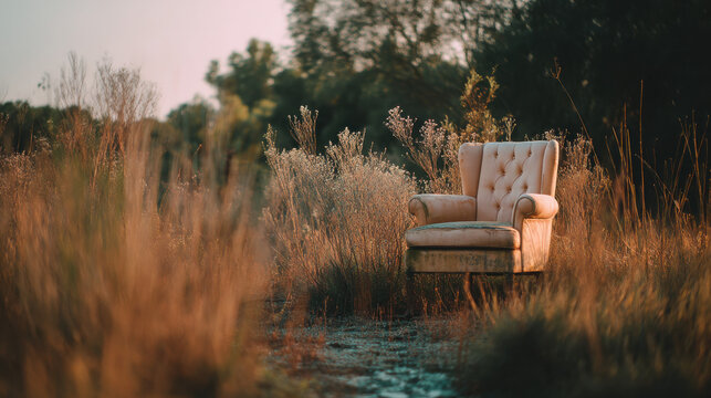 Abandoned armchair lost in wild garden, grass blades overtaking its seat, early dawn light highlighting dew on vegetation