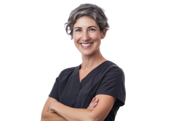 Portrait, doctor and smile of woman with arms crossed in studio isolated on a white background. Healthcare, face and mature female medical professional from Australia with confidence and happiness.