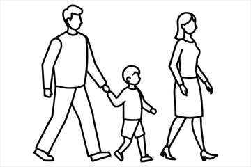 Minimalist family line art of father, mother, and child walking