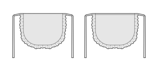 Maid Aprons with Ruffles Scalloped technical fashion illustration. Flirty Retro uniform Flat sketch outline apparel template front, back view. Women, men unisex CAD mockup isolated on white background