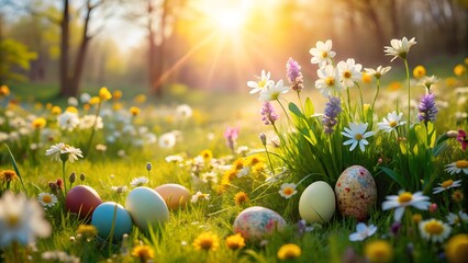 Easter Eggs in Spring Meadow
