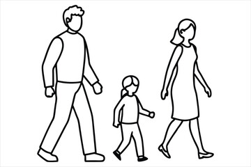 Minimalist family line art of father, mother, and child walking