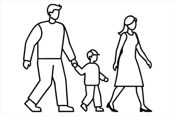 Minimalist family line art of father, mother, and child walking