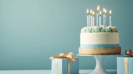 Elegant birthday scene, stylish cake with candles, luxury gift boxes, and a sophisticated greeting card. 