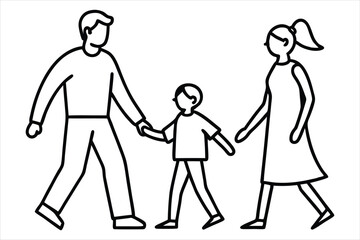 Minimalist family line art of father, mother, and child walking