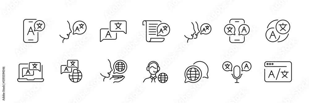 Wall mural language translation and communication icon set - linear style for apps and websites
