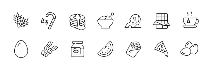 Linear breakfast icons set featuring pancakes, cheese, eggs, and more