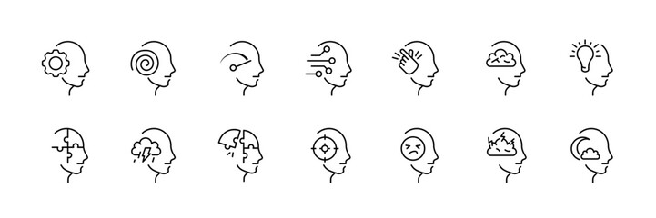 Linear mental health icons set: explore emotions, mindset, and cognitive states