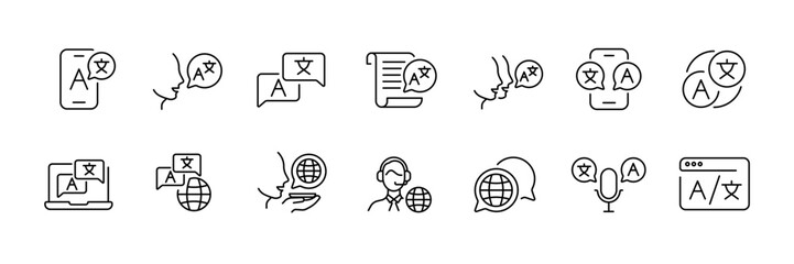 Language translation and communication icon set - linear style for apps and websites