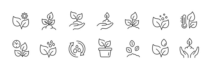 Eco-friendly plant growth icons: linear set featuring nature and sustainability symbols